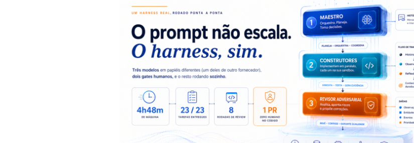 Capa do artigo: Trocar de modelo não faz código melhor. Trocar o processo entre 3 modelos, sim. 23 tarefas em 4h48m, sem humano no código